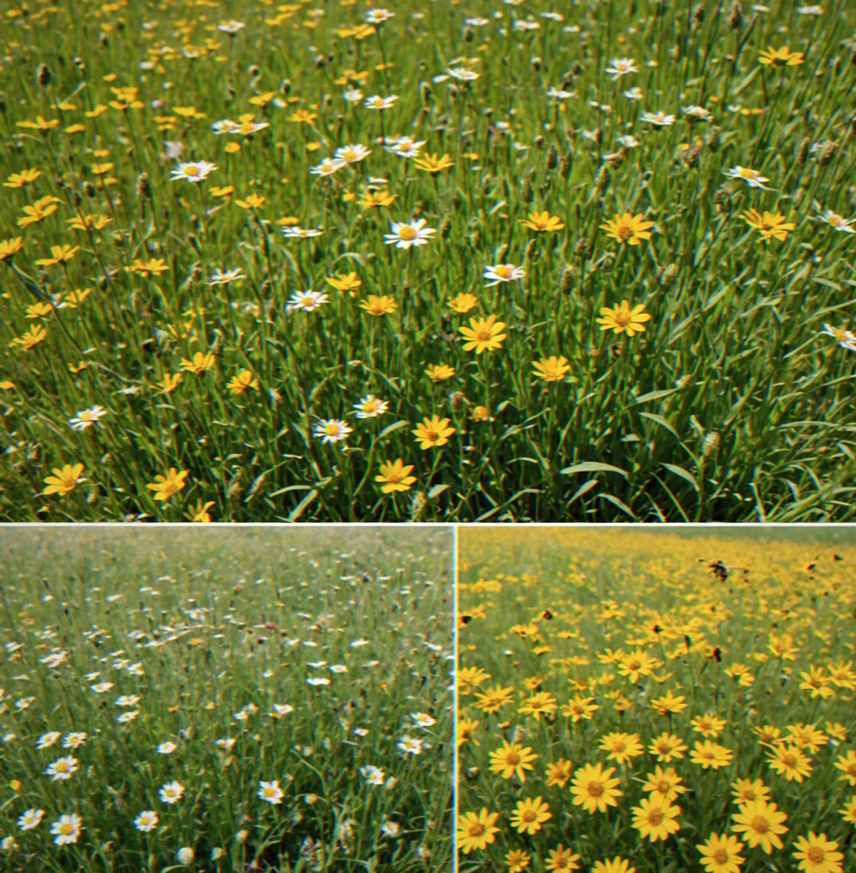 Split-screen comparison of two different farm layouts showing alternate crop placement strategies and pollinator arrangements