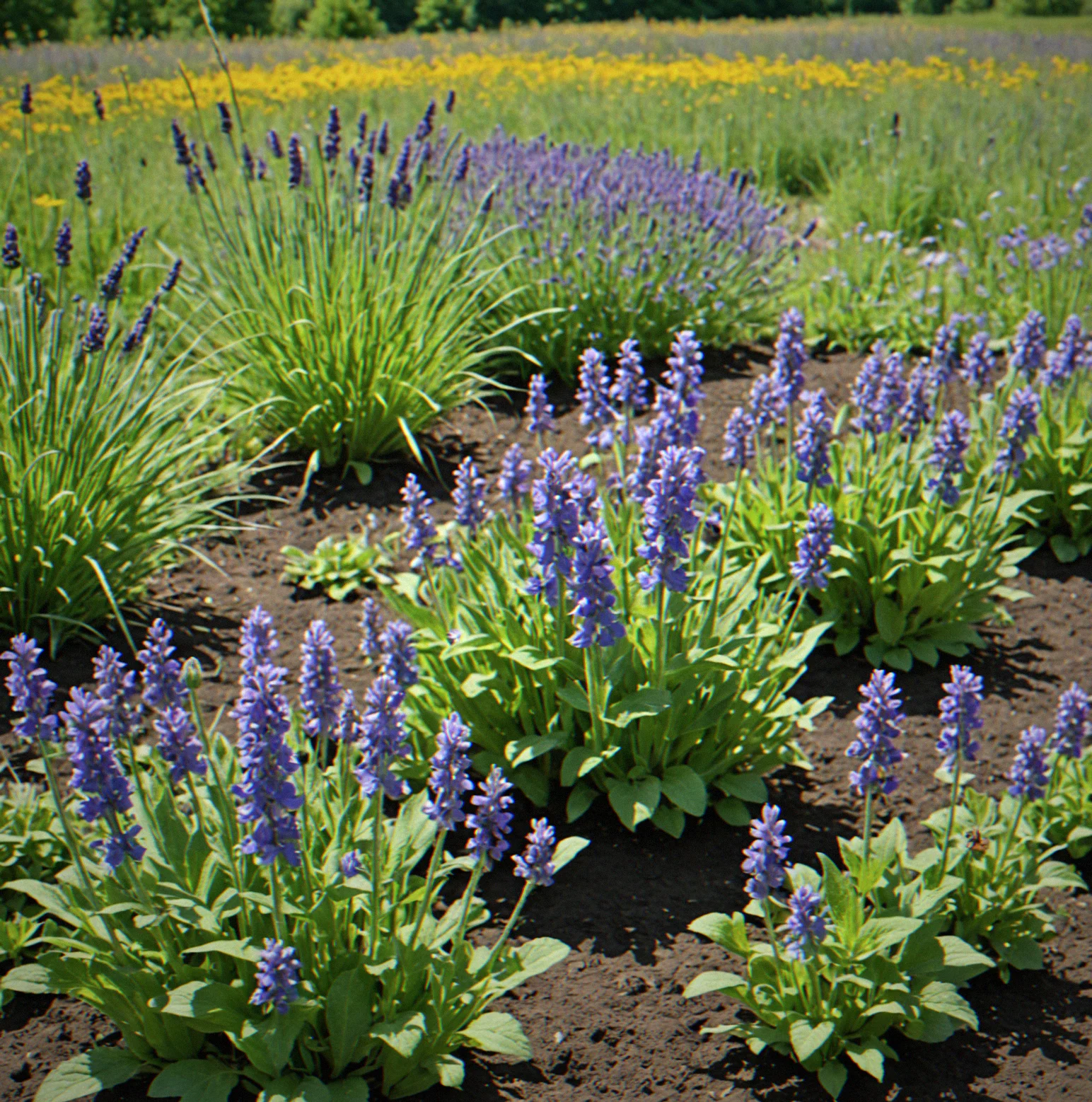 Mid-spring around day 23, lavender and borage planted near the tomatoes to bring in more pollinators