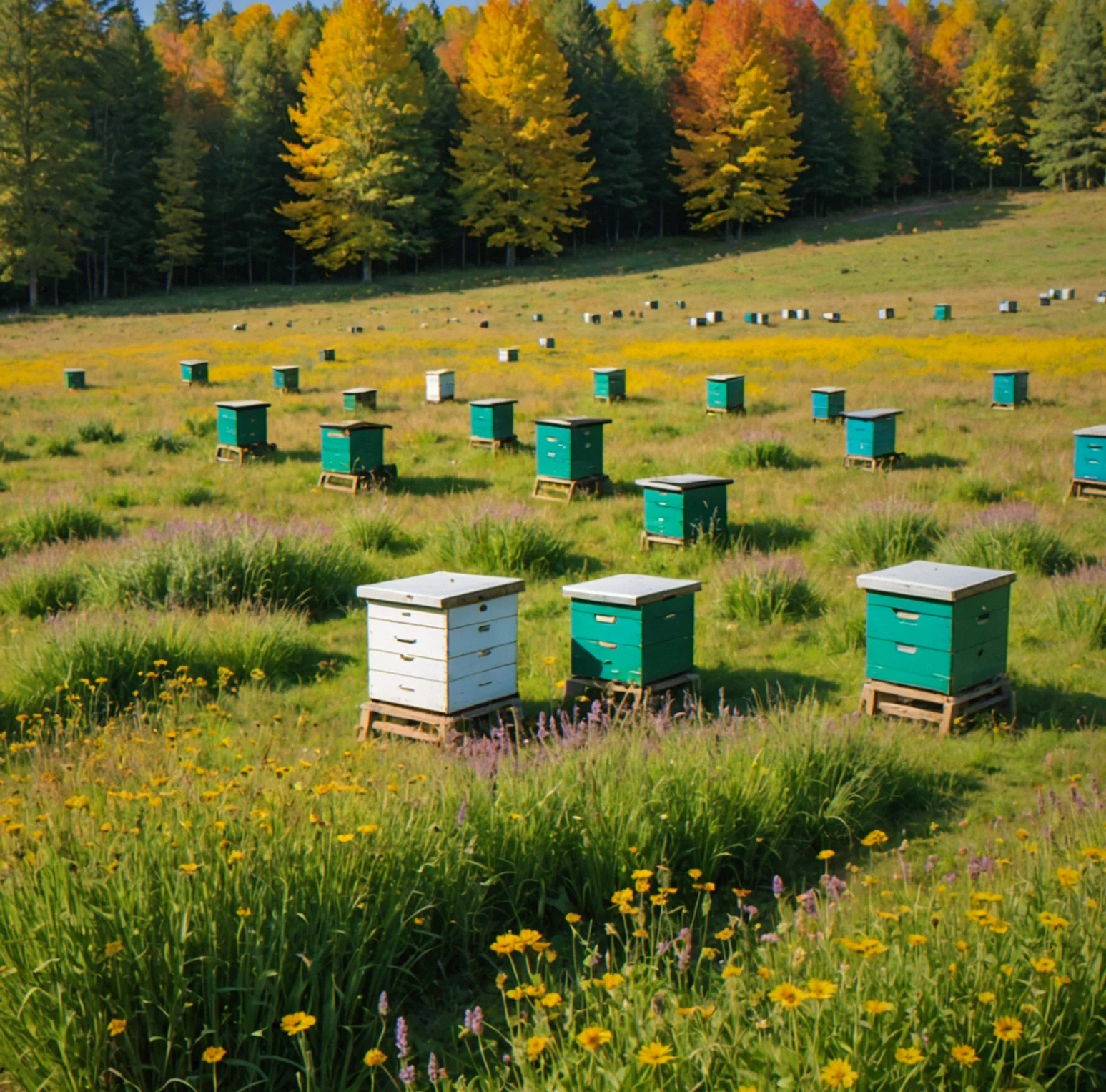 Autumn at day 110 with a more sophisticated setup, mason bees and leaf-cutter hives scattered across the farm for better pollination coverage