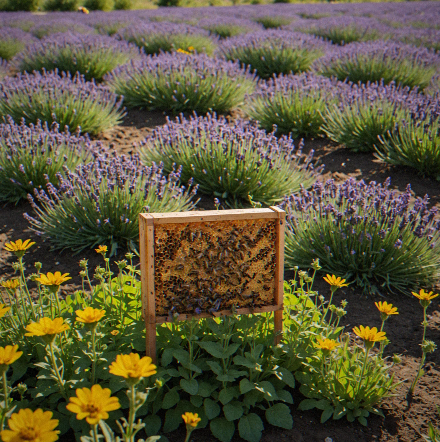 Tomato and lavender beds in early spring with a glowing honeybee hive catching the morning sun