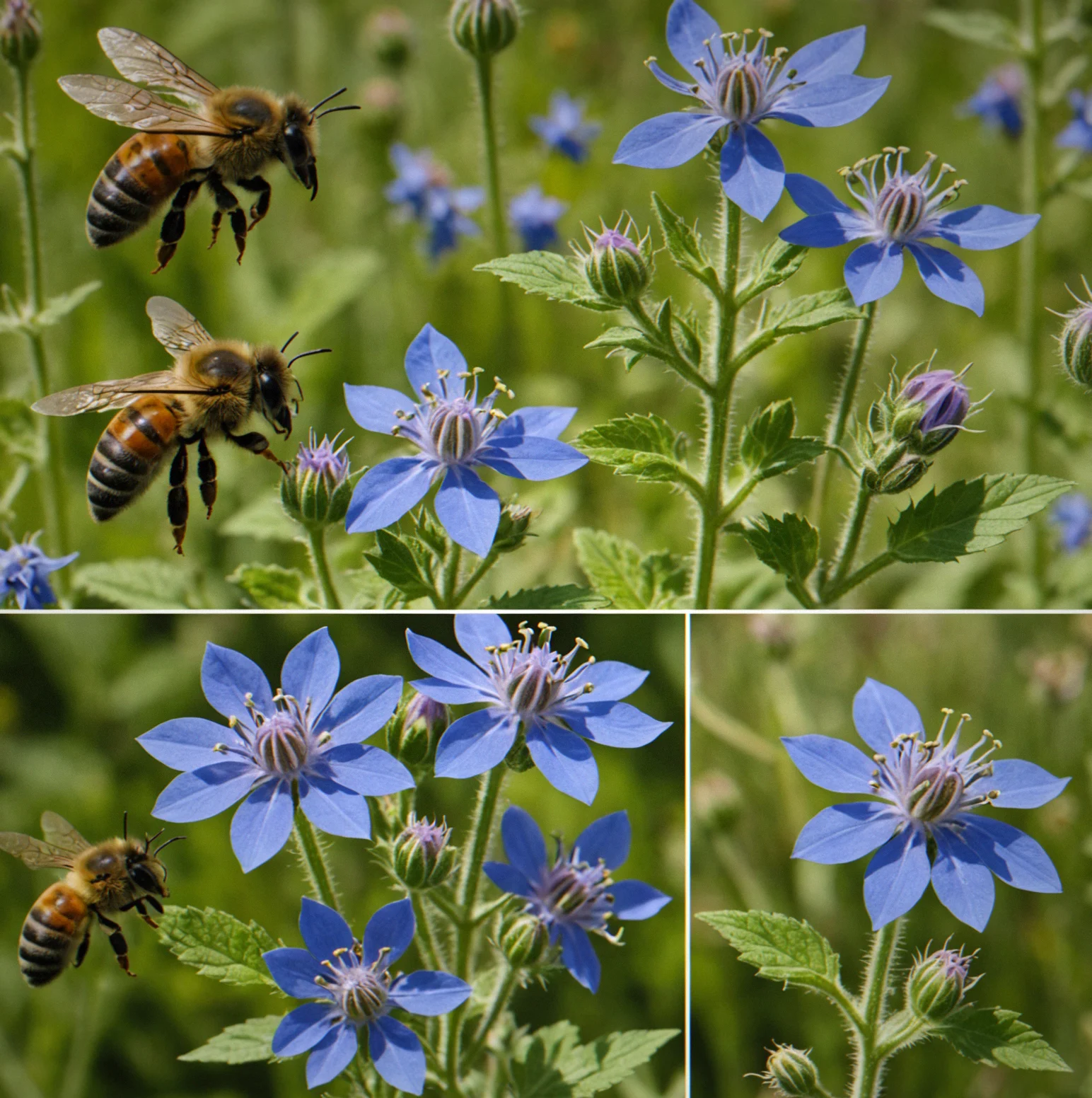Borage plant connected to three different bee types in a diagram, each with growth speed multipliers