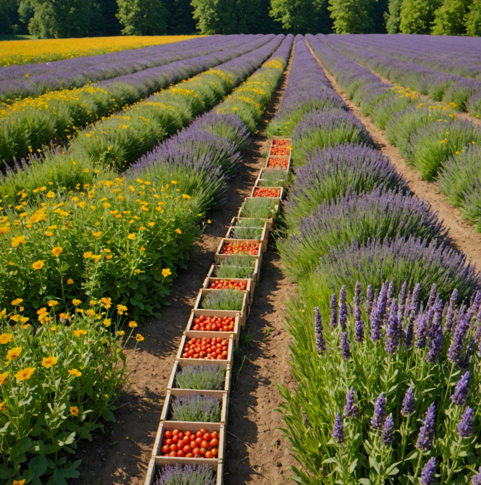 Spring farm with rows of tomatoes and lavender neatly laid out, honeybee hive tucked between the sections