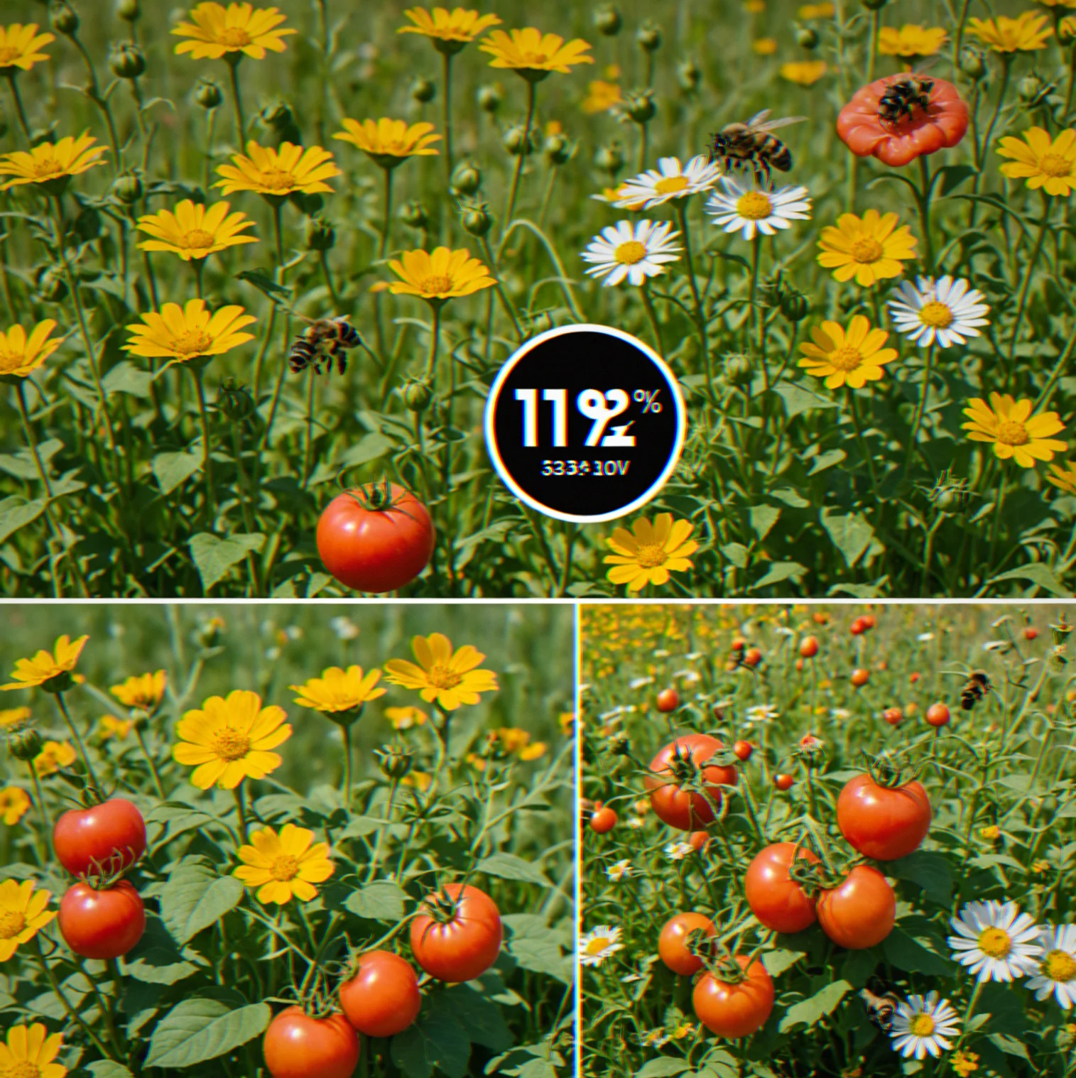 Harvest timer showing just over 3 days left on the tomatoes, pollinator boost currently active