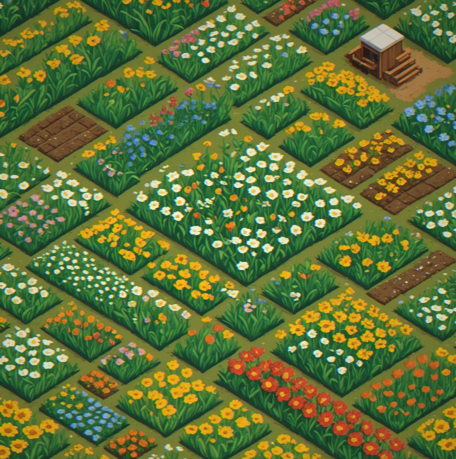 Pixel-art farm plot showing plant rows with pollinators and growth timers during spring season